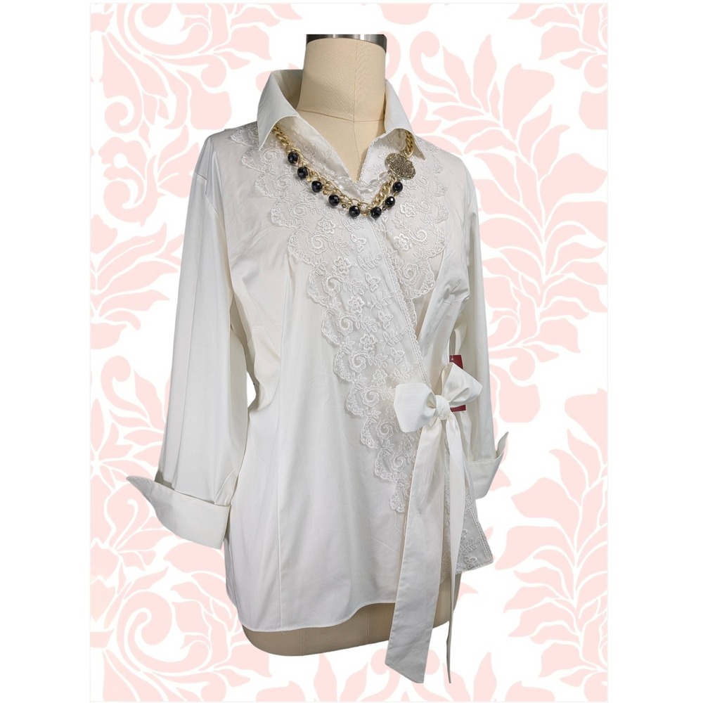 JM Collection Sz‎ 22W Women's Sophisticated White Lace Trim Wrap Shirt Blouse